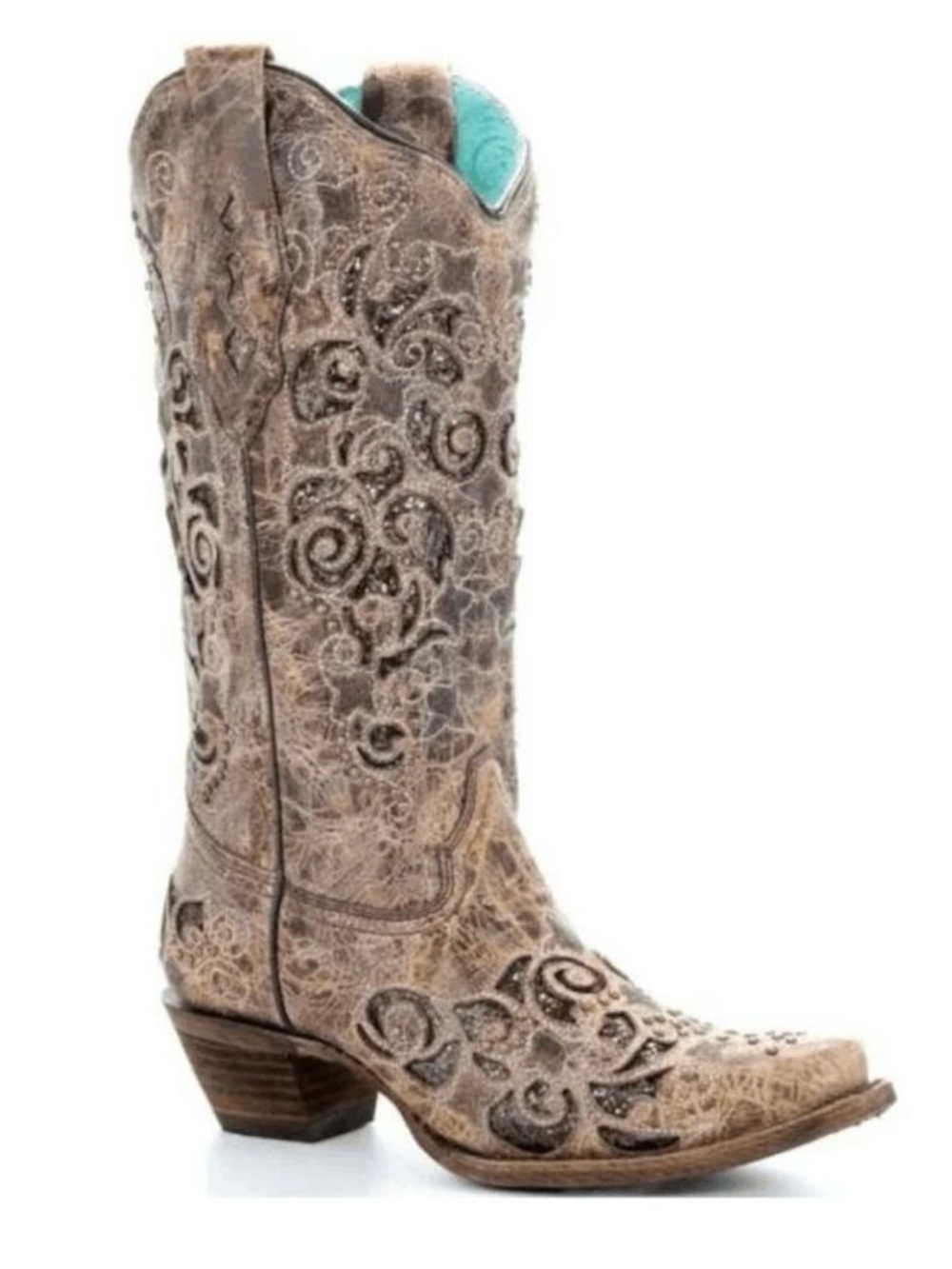 CORRAL Boots, Model A3228, Size 10, Glitter Inlay, Floral Overlay, Snip Toe